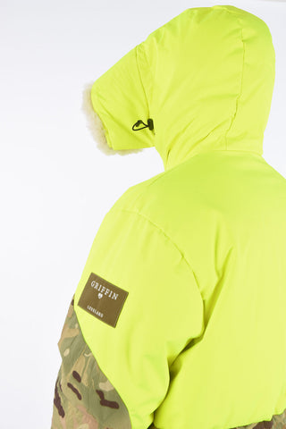 real fur details camouflage down jacket with fluo details
