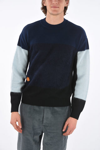Crew Neck Sweater with Contrasting Mohair Bands and Embroidered Application