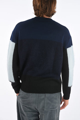 Crew Neck Sweater with Contrasting Mohair Bands and Embroidered Application