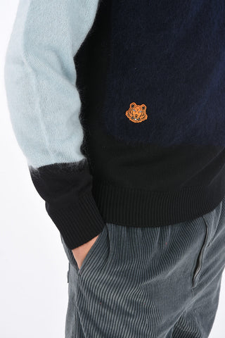 Crew Neck Sweater with Contrasting Mohair Bands and Embroidered Application
