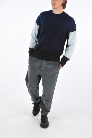 Crew Neck Sweater with Contrasting Mohair Bands and Embroidered Application