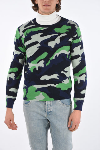 Crew Neck Camouflage Patterned Cashmere Sweater