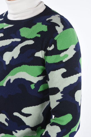 Crew Neck Camouflage Patterned Cashmere Sweater