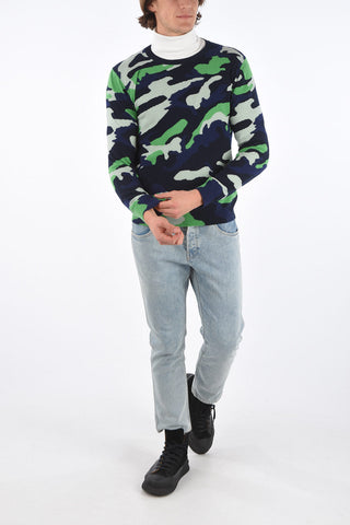 Crew Neck Camouflage Patterned Cashmere Sweater