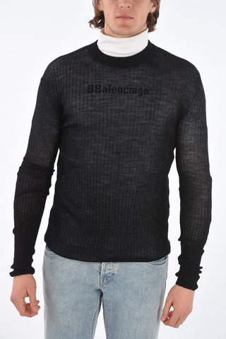 Crew Neck Ribbed Virgin Wool Sweater with Incorporated Logo T-Shirt