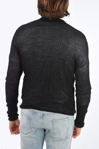 Crew Neck Ribbed Virgin Wool Sweater with Incorporated Logo T-Shirt