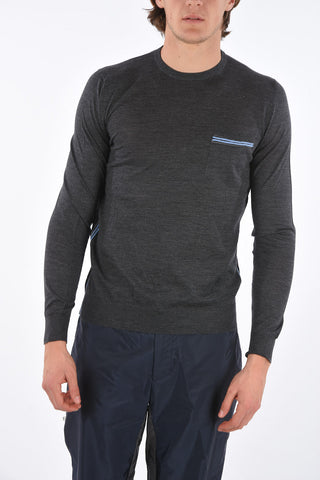 Crew Neck Combed Wool Sweater with Contrasting Embroidered Details