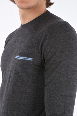 Crew Neck Combed Wool Sweater with Contrasting Embroidered Details