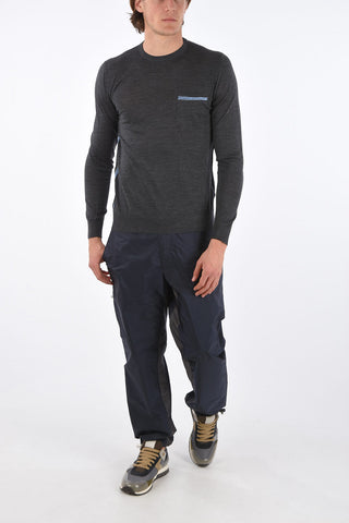 Crew Neck Combed Wool Sweater with Contrasting Embroidered Details