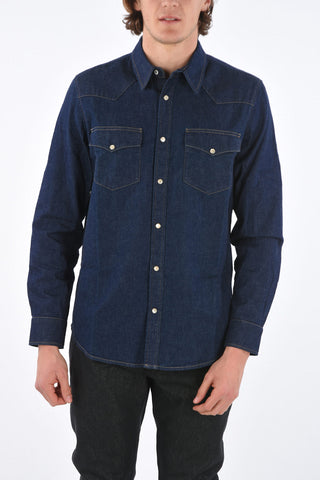Camicia in Denim con con Bottoni Automatici e Doppio Taschino