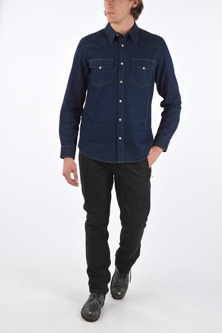 Camicia in Denim con con Bottoni Automatici e Doppio Taschino