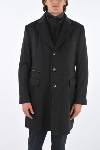 ID Notch Lapel Coat with Zip and Buttons Double Closure