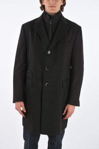 ID Notch Lapel Coat with Zip and Buttons Double Closure
