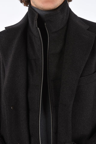 ID Notch Lapel Coat with Zip and Buttons Double Closure