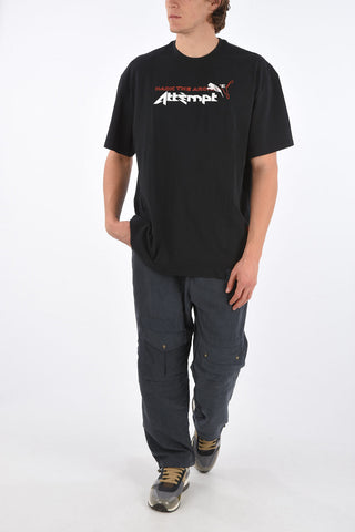 Crew Neck Cotton T-Shirt with Prints and Applications