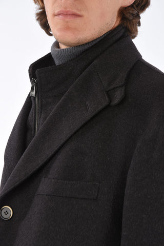 ID Notch Lapel Coat with Zip and Buttons Double Closure