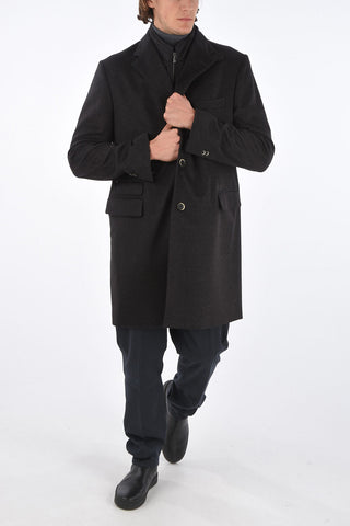 ID Notch Lapel Coat with Zip and Buttons Double Closure