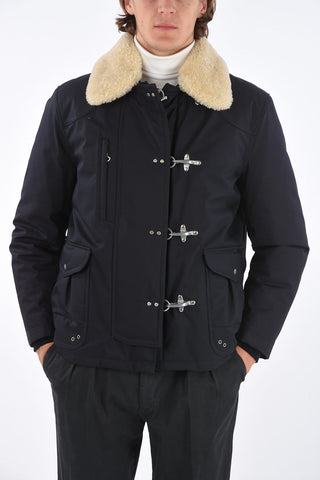 frog closure outerwear jacket with eco fur detail