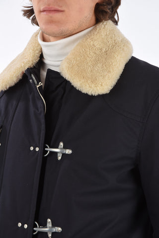 frog closure outerwear jacket with eco fur detail