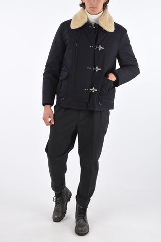 frog closure outerwear jacket with eco fur detail
