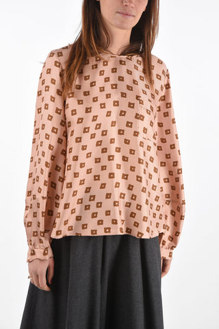 Abstract Pattern Silk Blouse with Back Fastening