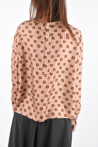 Abstract Pattern Silk Blouse with Back Fastening