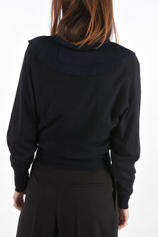 Maglia a Maniche Lunghe in Lana e Seta con Scollo a V e Volant