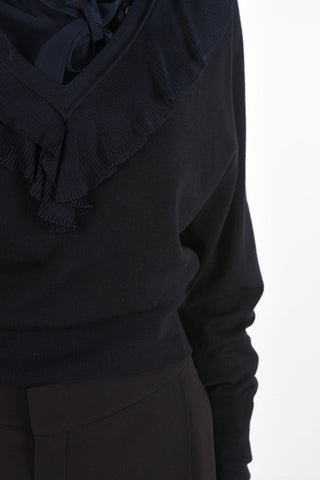 Maglia a Maniche Lunghe in Lana e Seta con Scollo a V e Volant