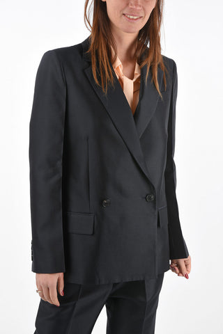 Wool and Silk Double-breasted Blazer with Flap Pockets