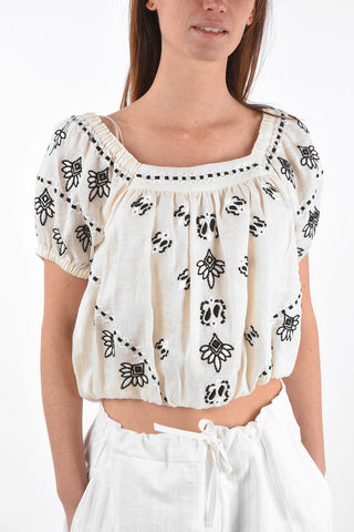 Embroidered Linen Top with Elastic Bands