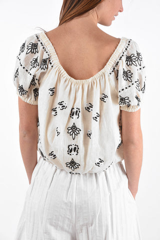 Embroidered Linen Top with Elastic Bands