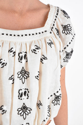 Embroidered Linen Top with Elastic Bands