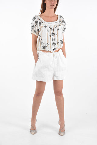 Embroidered Linen Top with Elastic Bands