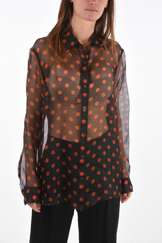 Polka Dot Silk Chiffon Shirt with Strandard Collar
