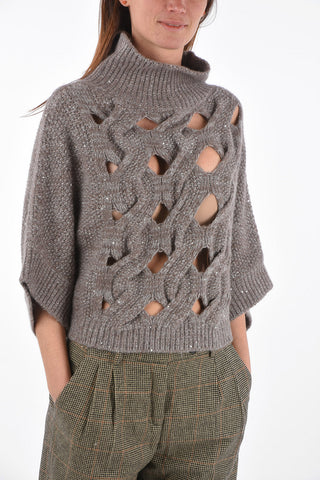 sequined turtleneck sweater with cut out details