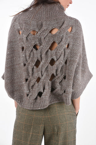 sequined turtleneck sweater with cut out details