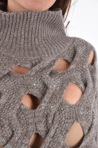 sequined turtleneck sweater with cut out details