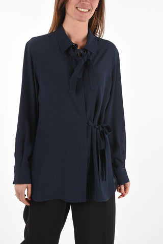 Tie Neck Silk Blouse with Hidden Buttoning and Side Bow