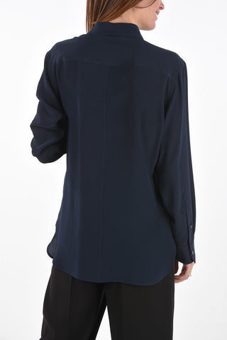 Tie Neck Silk Blouse with Hidden Buttoning and Side Bow