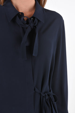 Tie Neck Silk Blouse with Hidden Buttoning and Side Bow