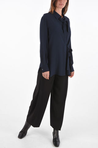 Tie Neck Silk Blouse with Hidden Buttoning and Side Bow