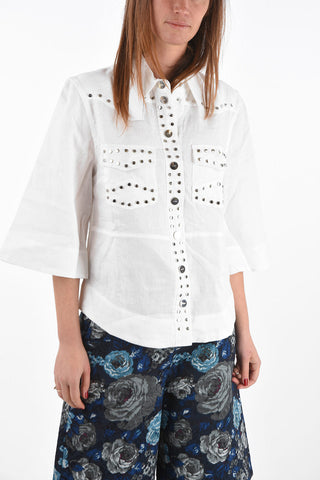 camicia in lino borchiata con manica 3/4