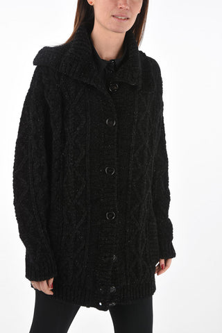 Lurex Detail Turtle-Neck Aran Cardigan