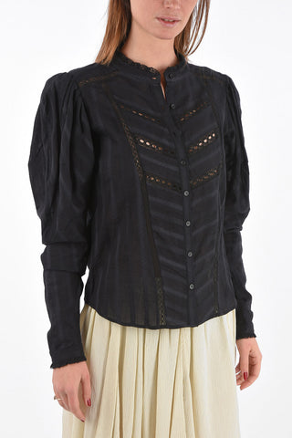 Perforated Shirt with Mandarin Collar and Puff Sleeves