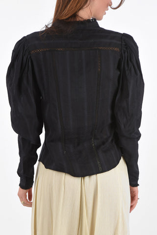 Perforated Shirt with Mandarin Collar and Puff Sleeves
