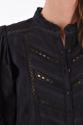 Perforated Shirt with Mandarin Collar and Puff Sleeves