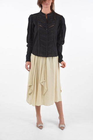 Perforated Shirt with Mandarin Collar and Puff Sleeves