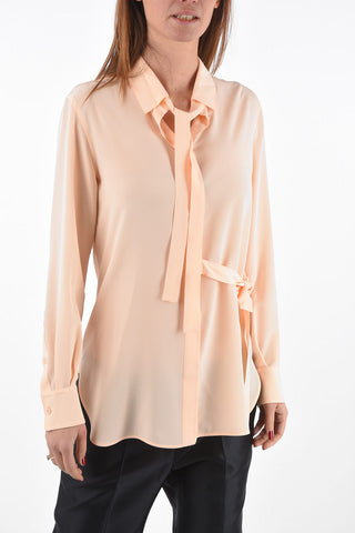 Tie Neck Silk Blouse with Hidden Buttoning and Side Bow