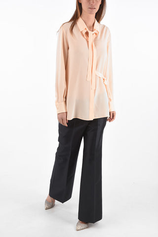 Tie Neck Silk Blouse with Hidden Buttoning and Side Bow