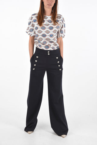 Flared High Waist Pants with 2 Button Rows